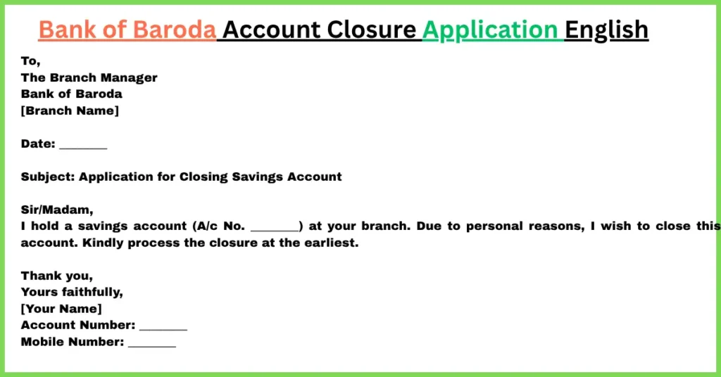 Bank of Baroda Account Closure Application English